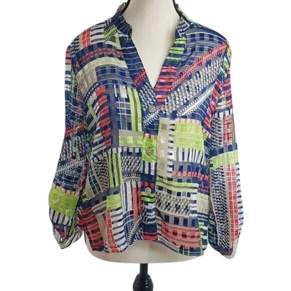 Ruby Rd Button Down Shirt Geometric Sheer V Neck Roll Tab Sleeve Size 10 Petite - Picture 1 of 7